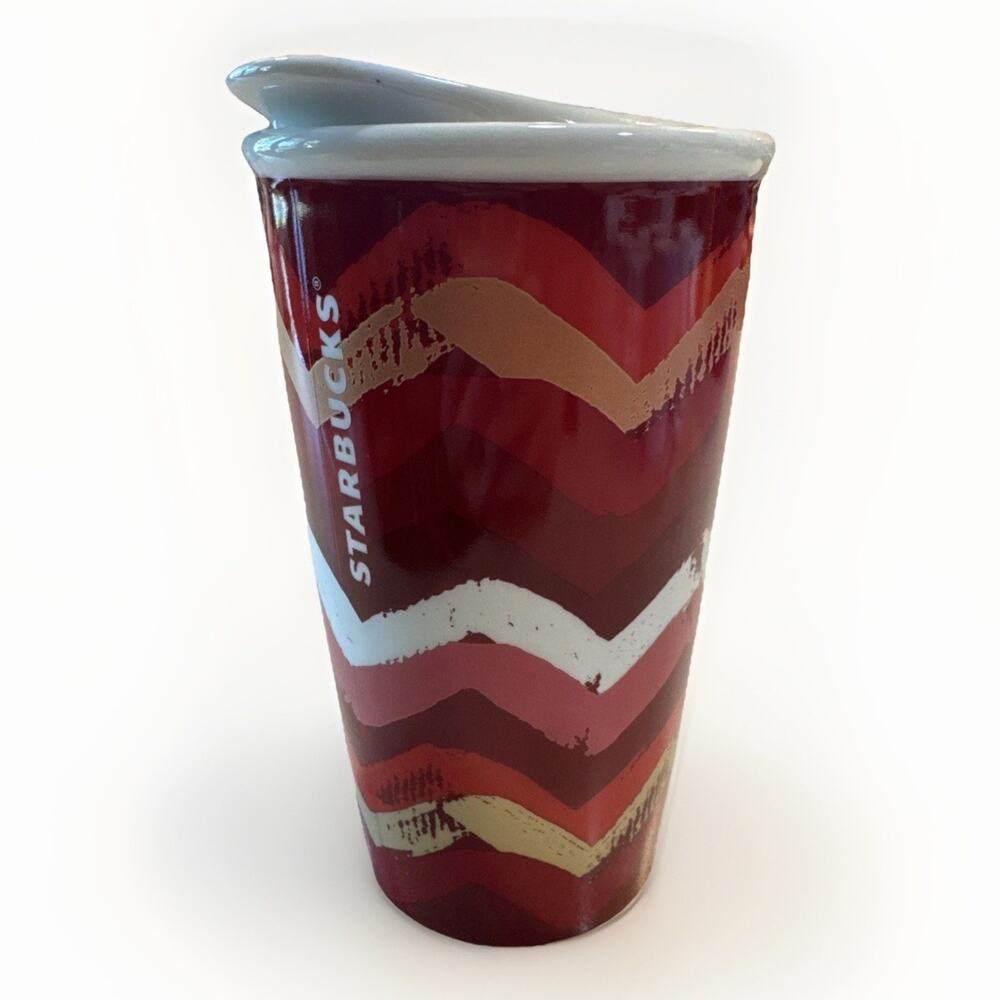 Starbucks 2014 ceramic red chevron zig zag double wall travel tumbler mug 10oz